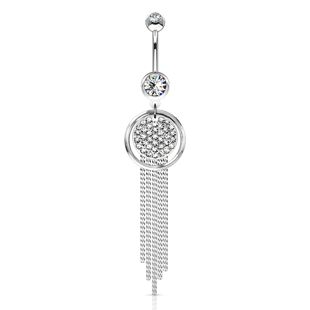 Navlepiercing med ring, kjeder og stener